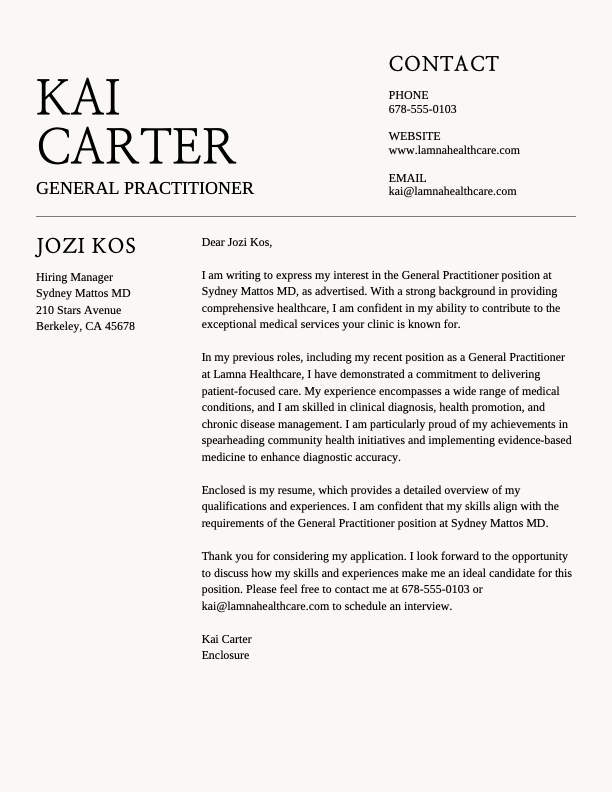 Modern classic professional cover letter